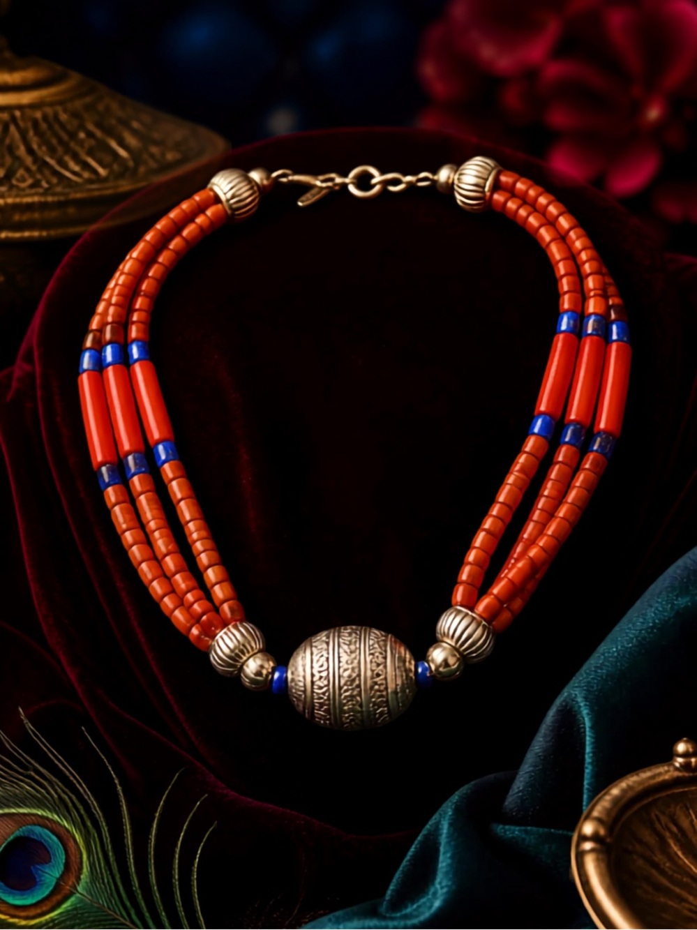 Kenneth Lane Vintage Tribal Faux Coral Beaded Statement Choker Necklace 1758